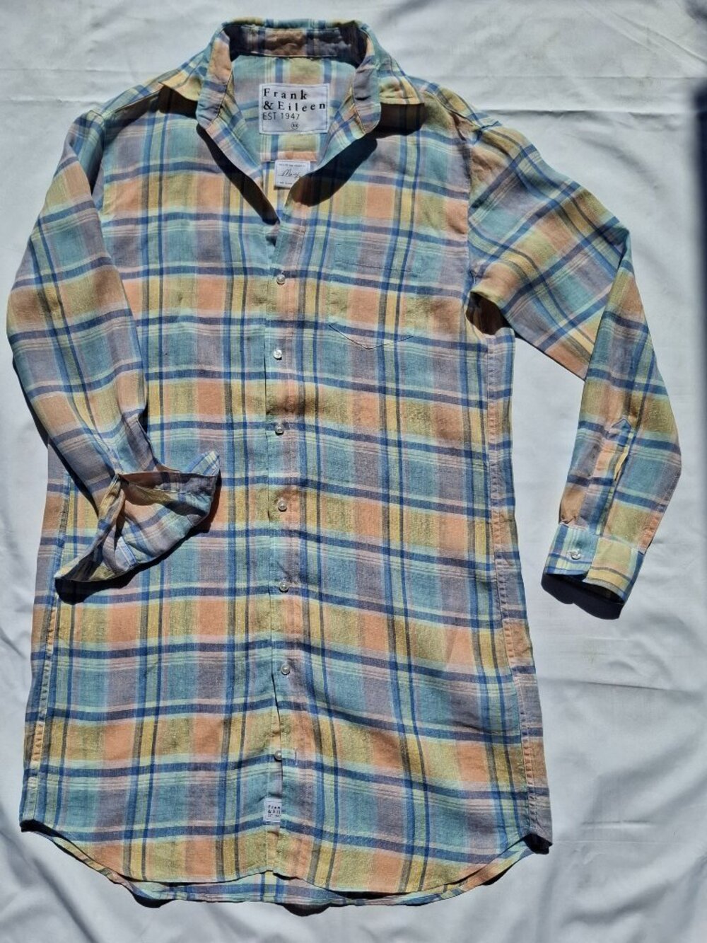 Frank & Eileen Women's Mini Shirt Dress XS Linen Buttoned Plaid Coastal Beach